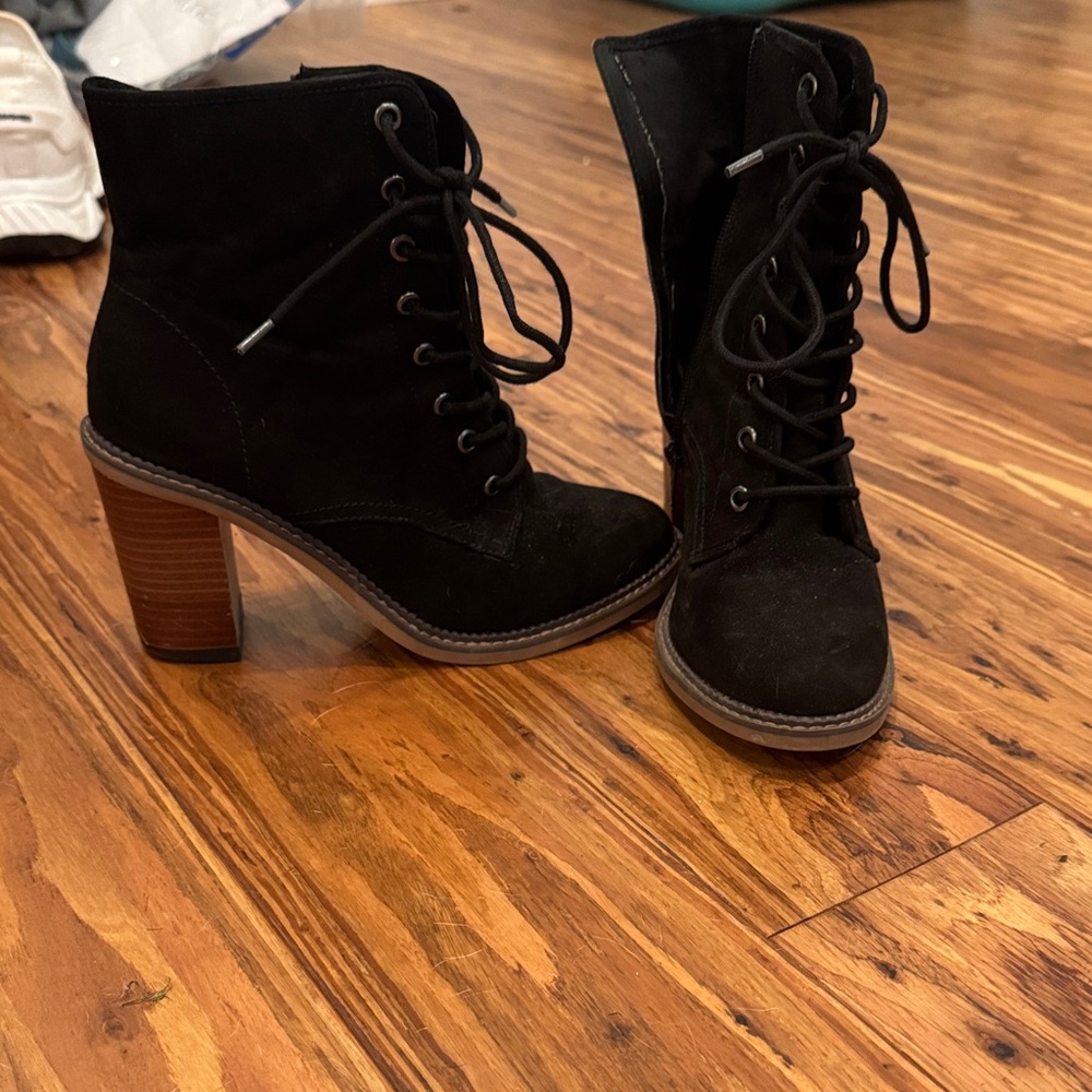 Madden Girl Black Lace-Up Boots with Brown Heel